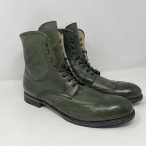 RARE BOGA Men US 13 Green Leather Union Brogue Wingtip Boots Handmade Italy City